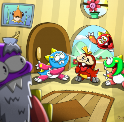 Bubble Bobble characters with a Fuecoco